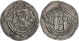 ISLAMIC, Umayyad Caliphate. temp. 'Abd al-Malik ibn Marwan, AH 65-86 / AD 685-705. Drachm (Silver, 30 mm, 4.00 g, 1 h), Arab-Sasanian type, Eastern Si...