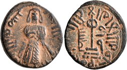 ISLAMIC, Umayyad Caliphate. temp. 'Abd al-Malik ibn Marwan, AH 65-86 / AD 685-705. Fals (Bronze, 19 mm, 3.14 g, 1 h), 'Standing Caliph' type, Qinnasri...