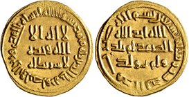 ISLAMIC, Umayyad Caliphate. temp. al-Walid I ibn 'Abd al-Malik, AH 86-96 / AD 705-715. Dinar (Gold, 21 mm, 4.29 g, 5 h), no mint name, AH 90 = AD 708/...