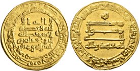 ISLAMIC, 'Abbasid Caliphate. Al-Muqtadir, second reign, AH 296-317 / AD 908-929. Dinar (Gold, 22 mm, 4.28 g, 1 h), citing the caliph al-Muqtadir and t...
