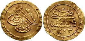 ISLAMIC, Ottoman Empire. Mahmud II, AH 1223-1255 / AD 1808-1839. ¼ Zeri Mahbub (Gold, 15 mm, 0.78 g, 12 h), Qustantiniya, AH 1223 = AD 1808 / RY 2 = 1...