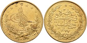 ISLAMIC, Ottoman Empire. 'Abd al-'Aziz, AH 1277-1293 / AD 1861-1876. 100 Kurush (Gold, 22 mm, 7.20 g, 12 h), Qustantiniya, AH 1277 = AD 1861 / RY 14 =...