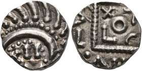 BRITISH, Anglo-Saxon. Continental Sceattas. Circa 715-750. Sceatt (Silver, 12 mm, 1.26 g), Mint in southern Frisia. 'Porcupine' right, containing thre...