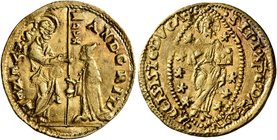 ITALY. Venezia (Venice). Andrea Gritti, 1523-1538. Ducat (Gold, 21 mm, 3.47 g, 10 h). St. Mark standing right, presenting banner to Doge kneeling left...