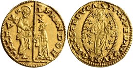 ITALY. Venezia (Venice). Francesco Donato, 1545-1553. Ducat (Gold, 21 mm, 3.43 g, 11 h). St. Mark standing right, presenting banner to Doge kneeling l...