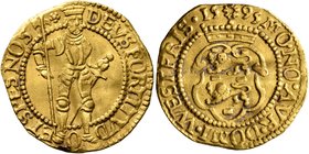 LOW COUNTRIES. West-Friesland. Ducat (Gold, 22 mm, 3.41 g, 4 h), Hungarian type, 1595. DEVS FORTITVDO ET SPES NOS Imperial figure standing front, hold...