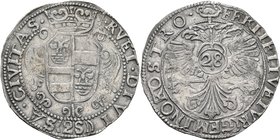 MONACO. Honoré II, 1604-1662. Izelotte de 28 sols (Silver, 42 mm, 18.54 g, 6 h), no date (1657). •RVET•DIVI - (28) SA•CIVITAS Crowned coat-of-arms. Re...