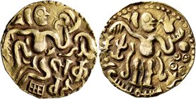 SRI LANKA (CEYLON), Native coinages. Period of the Chola Invasion. Kahavanu (Gold, 22 mm, 4.39 g, 11 h), circa 990-1070. Sri / lamka / vibhu in Nagari...