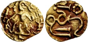 SRI LANKA (CEYLON), Native coinages. Period of the Chola Invasion. 1/4 Kahavanu (Gold, 13 mm, 0.74 g, 11 h), circa 990-1070. King standing facing, hea...