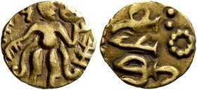 SRI LANKA (CEYLON), Native coinages. Period of the Chola Invasion. Aka – 1/8 Kahavanu (Gold, 10 mm, 0.47 g), circa 990-1070. King standing facing, hea...