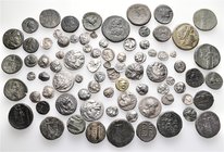 A lot containing 1 electrum (slightly tooled on the reverse), 50 silver and 30 bronze coins. All: Greek. About very fine to very fine. LOT SOLD AS IS,...