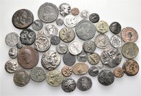 A lot containing 19 silver and 28 bronze coins. Includes: Greek and Roman Imperial. About very fine to very fine. LOT SOLD AS IS, NO RETURNS. 47 coins...