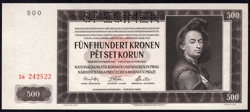 Bohemia & Moravia 500 Korun 1942 II. Emission Specimen

P# 11s; # Ia 242522; I...
