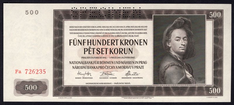 Bohemia & Moravia 500 Korun 1942 Specimen

P# 12s; № Fa 726235; UNC; Large Ban...