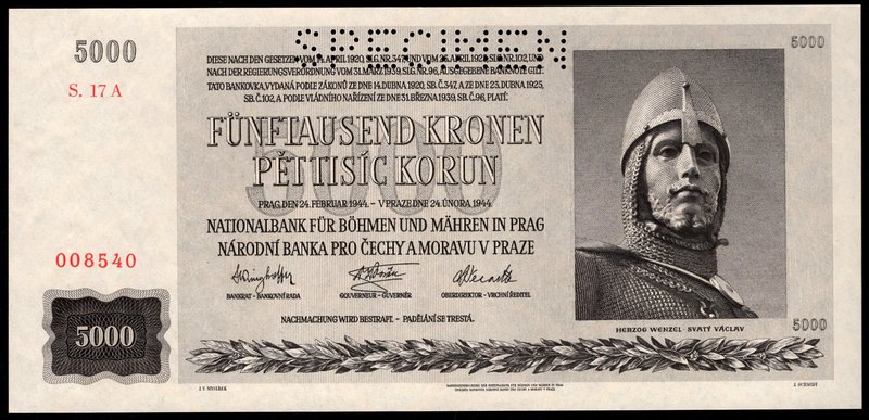 Bohemia & Moravia 5000 Korun 1944 Specimen

P# 17s; UNC-
