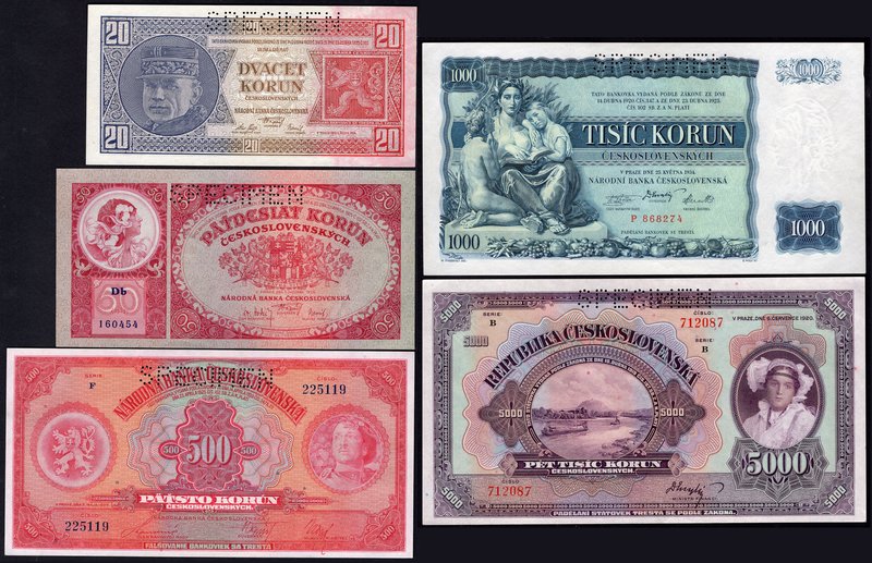 Czechoslovakia Nice Lot of 5 Banknotes 1920 - 1934

20 50 500 1000 5000 Korun ...