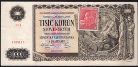 Czechoslovakia 1000 Korun 1945 (ND)

P# 56a; Red "Y" adhesive stamp on Slovakia #13