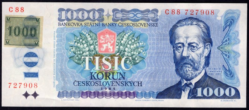 Czechoslovakia 1000 Korun 1993 (1985) With Adhesive Stamp Affixed

P# 3a; # C ...