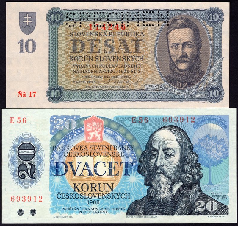 Czechoslovakia & Slovakia Lot of 2 Banknotes

10 Korun 1943 (Specimen) & 20 Ko...