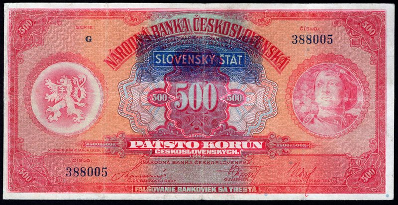Slovakia 500 Korun 1929 Rare with Overprint

P# 2a; # G 388005