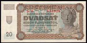 Slovakia 20 Korun 1942 Specimen

P# 7s; Jt 13 938026; UNC