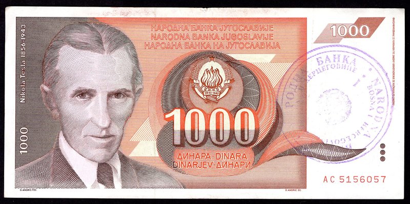 Bosnia and Herzegovina 1000 Dinara 1992 With Handstamp "1"

P# 2b