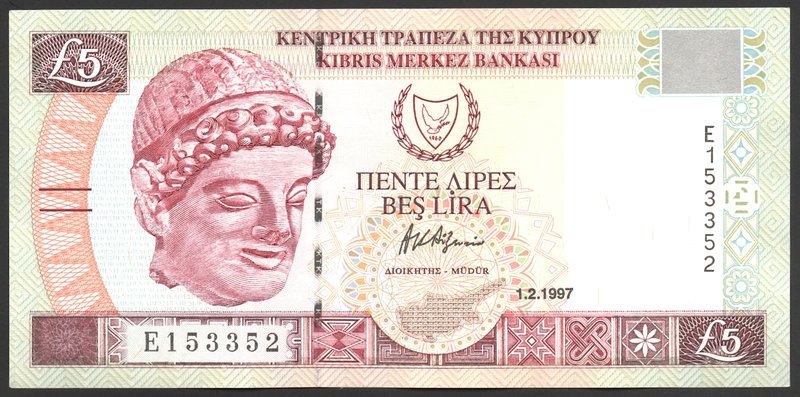 Cyprus 5 Lira 1997

P# 58; № E 153352; UNC; W/mark Aphrodite