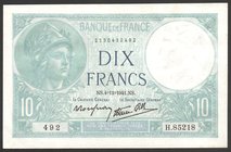 France 10 Francs 1941 Rare

P# 84; aUNC; "Minerve"; RARE!