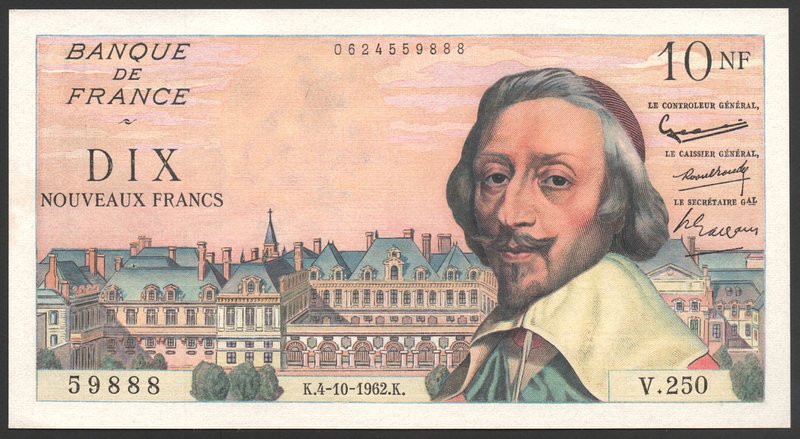 France 10 Nouveaux Francs 1962 RARE

P# 142; № V.250 59888; aUNC (No Folds); "...
