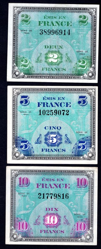 France Lot of 3 Banknotes

2 5 10 Francs 1944; Allied Military Currency