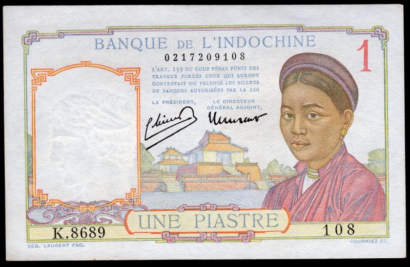 French Indochina 1 Piastre 1946

P# 54c;Sign. 11; AUNC