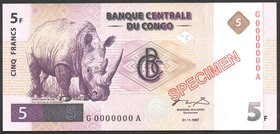 Congo 5 Francs 1997 Specimen

P# 86s; № G 0000000 A; UNC