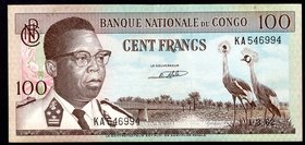 Congo Democratic Republic 100 Francs 1962

P# 6a; VF