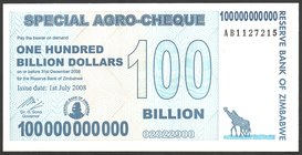 Zimbabwe 100 Billion Dollars 2008 Agro-Cheque RARE

P# 64; № AB 1127215; UNC