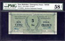 New Hebrides 5 Francs 1943 (ND) PMG 58

P# 1; Choice AUNC