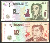 Argentina 5 & 10 Pesos 2015 Prefix A

P# 359, 360; UNC; Set 2 PCS