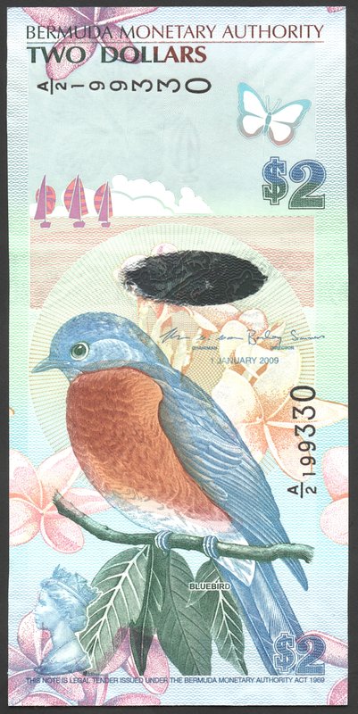 Bermuda 2 Dollars 2009

P# 57; UNC; Hybrid; "Bluebird"