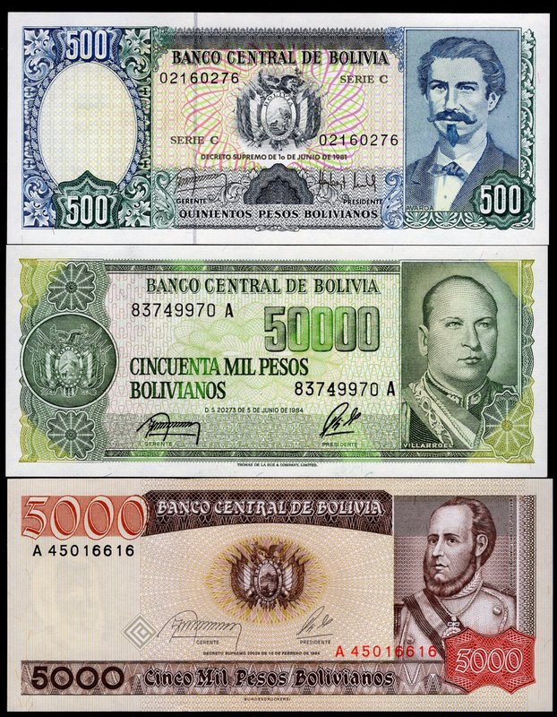 Bolivia Lot of 3 Banknotes

500 5000 50000 Bolivianos 1981-1984