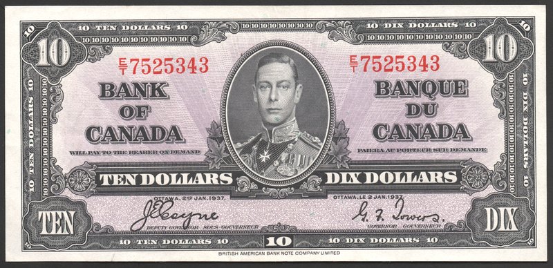 Canada 10 Dollars 1937 VERY RARE

P# 61c; № E/T 7525343; "King George VI"; VER...