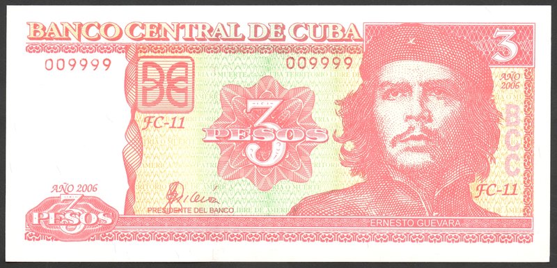 Cuba 3 Pesos 2006 NUMBER

№ 009999; UNC; "Ernesto Guevara"