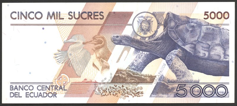 Ecuador 5000 Sucres 1992 RARE

P# 128a; № 00189933; UNC; RARE!