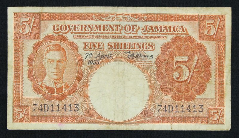 Jamaica 5 Shillings 1955

P# 37b; # 74D11413