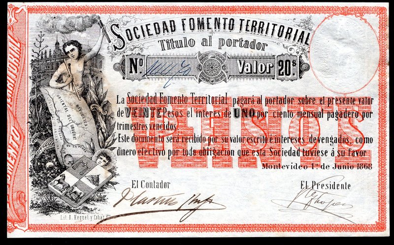 Uruguay 20 Pesos 1868

P# S482; With Stamp on the back "21 June 1881"; XF