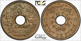 Syria 2-1/2 Piastres 1940 PCGS MS64

KM# 76; Aluminium-Bronze