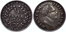 British India 1/4 Rupee 1835

KM# 448.4 Obverse: F incuse on truncation Reverse: Small Rupee, "ana" in Persian with 20 berries. Silver, XF+
