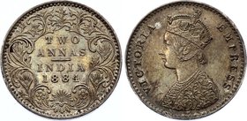 British India 2 Annas 1884 B

KM# 488; Silver; No mint mark, Type A Bust, Type I Reverse; Victoria; UNC-