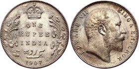 British India 1 Rupee 1907

KM# 505; Silver, AUNC with small scratches. Edward VII.