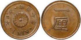 Japan 1 Rin 1874 -7

Y# 15; Copper 15.75mm; Luster; aUNC/UNC