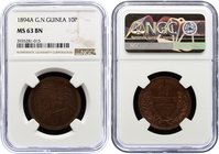 German New Guinea 10 Pfennig 1894 A NGC MS63

KM# 3; J. N703; Copper. Very beautiful RED reverse - very rare for coin of this type! Excellent piece.