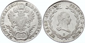 Austria 20 Kreuzer 1806 B

KM# 2140; Kremnitz Mint. Franz II. Silver, UNC with minor scratches.